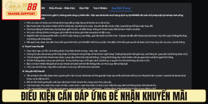 Điều kiện cần đáp ứng để nhận khuyến mãi MAN88